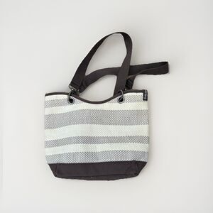Thirty One Small Shoulder Tote Bag Black White Striped Canvas Straw Resortwear